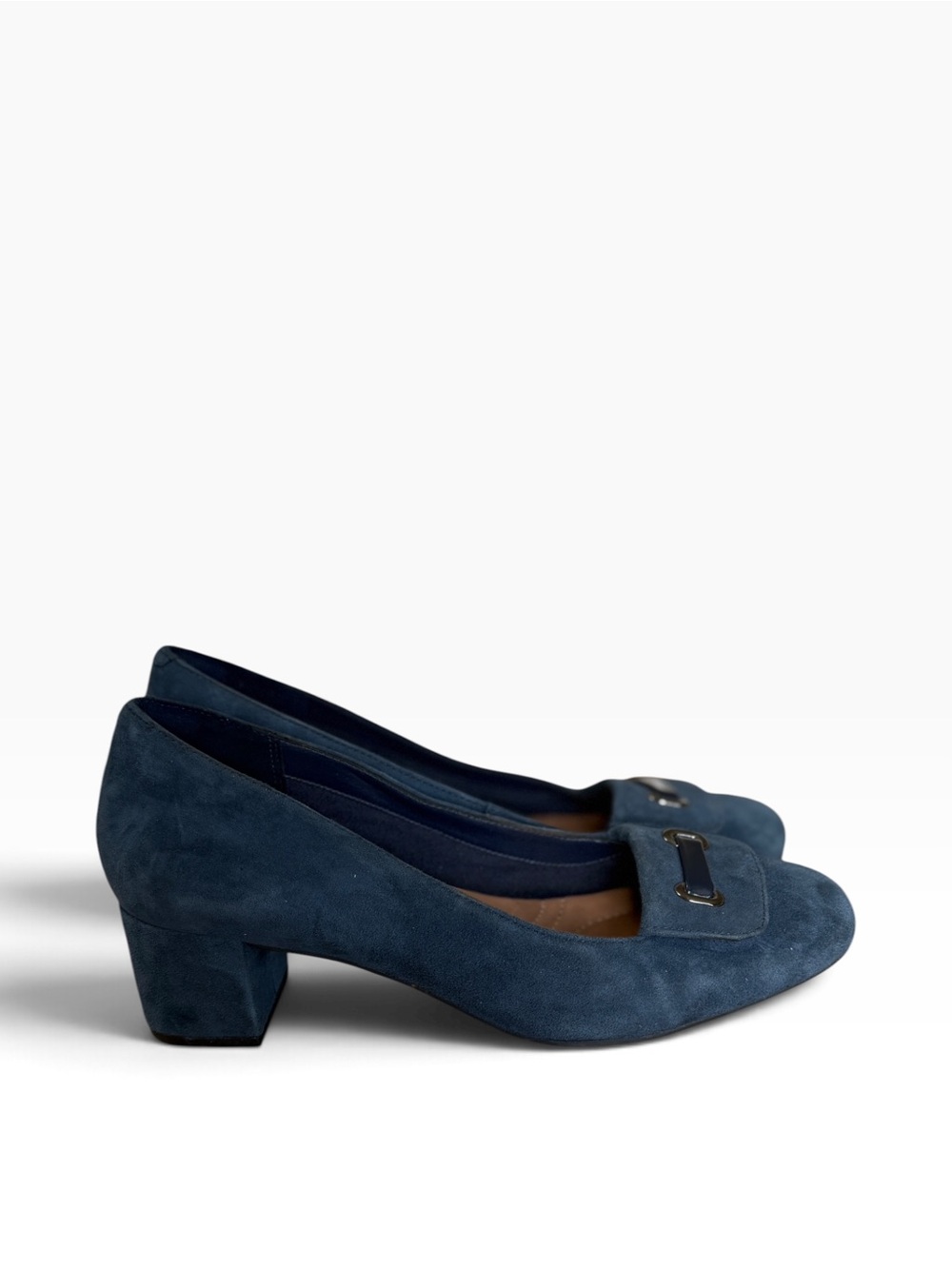 Clarks Navy Suede Low Block Heel Pumps with Buckle Accent